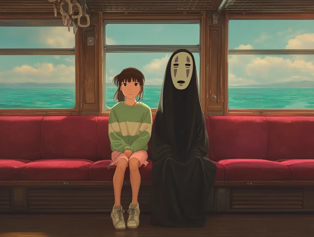 Girl and No-Face on Train: Dreamlike Cinematic Shot