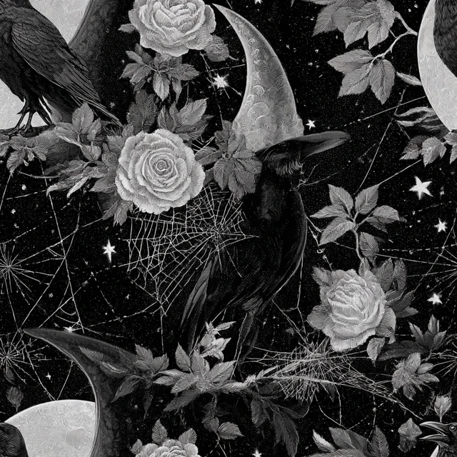 Gothic Raven Moon Roses Illustration Art