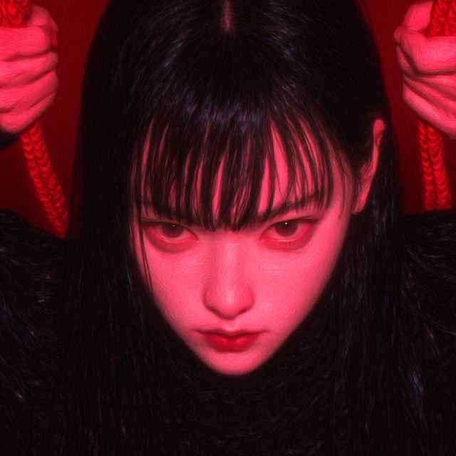 Sickly Girl with Long Black Hair in Red