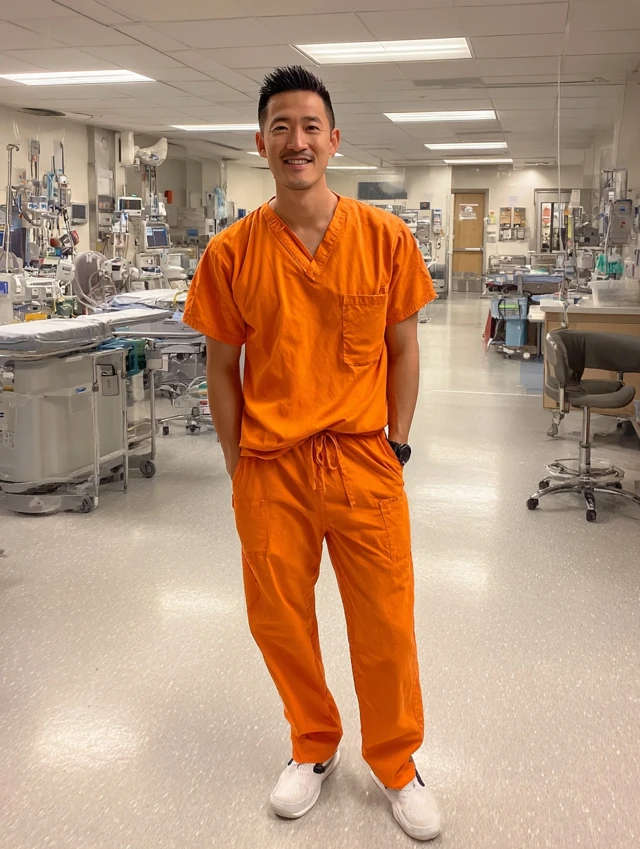 Asian Doctor in Orange Scrubs Hospital Setting