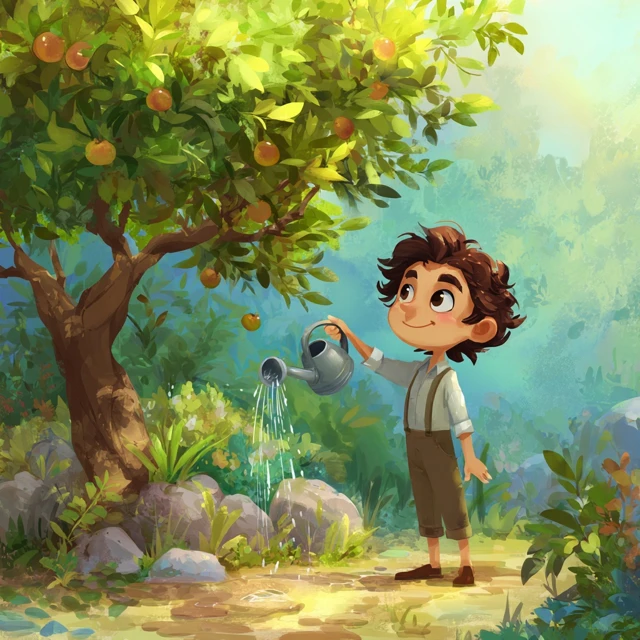 Cute Cartoon Boy Watering Tree in Garden