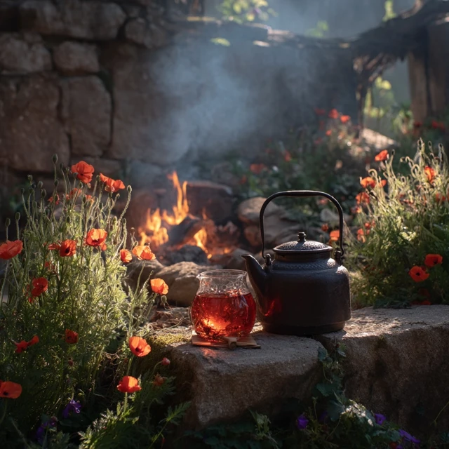 Poppy Flower Tea Brewing in the Forest Campfire