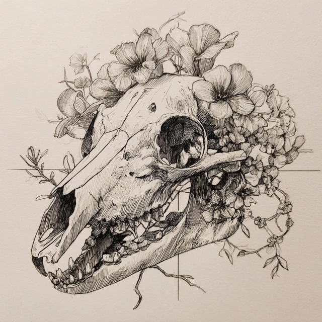 Wolf Skull with Flowers Detailed Sketch