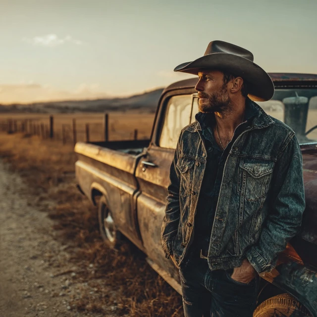 Country Singer Portrait With Vintage Truck Golden Hour