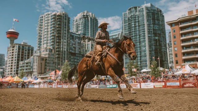 Cowboy Rides Bucking Bull Calgary Stampede Rodeo Action