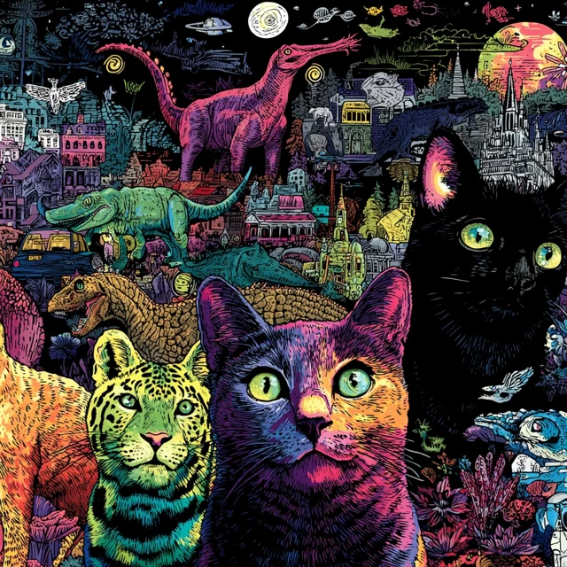 Colorful Cat Art Artistic Black Background