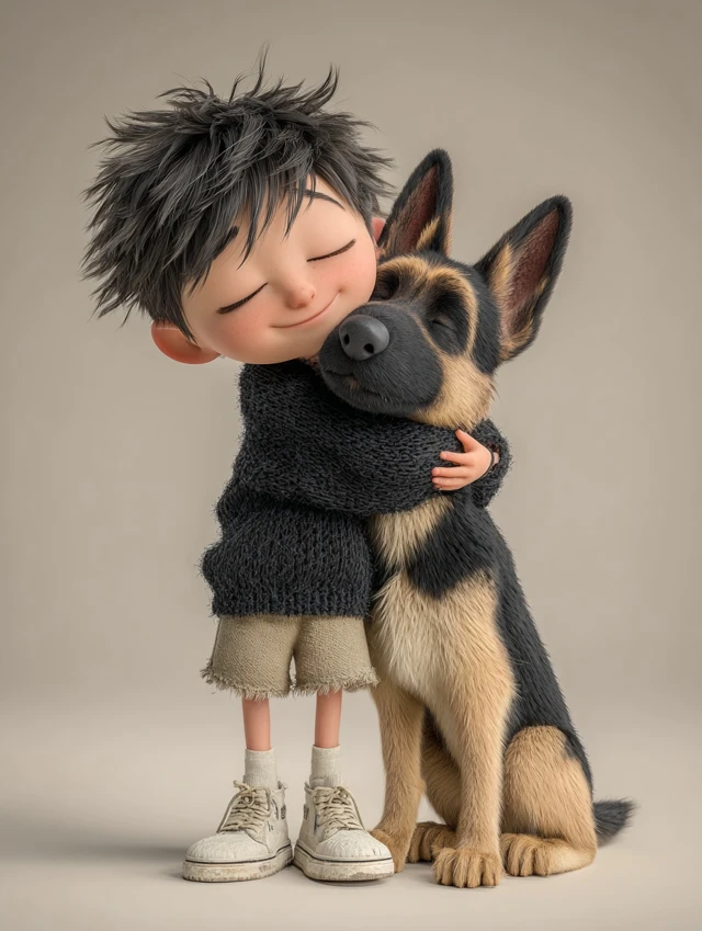 Boy and German Shepherd Friendship 3D Cartoon
