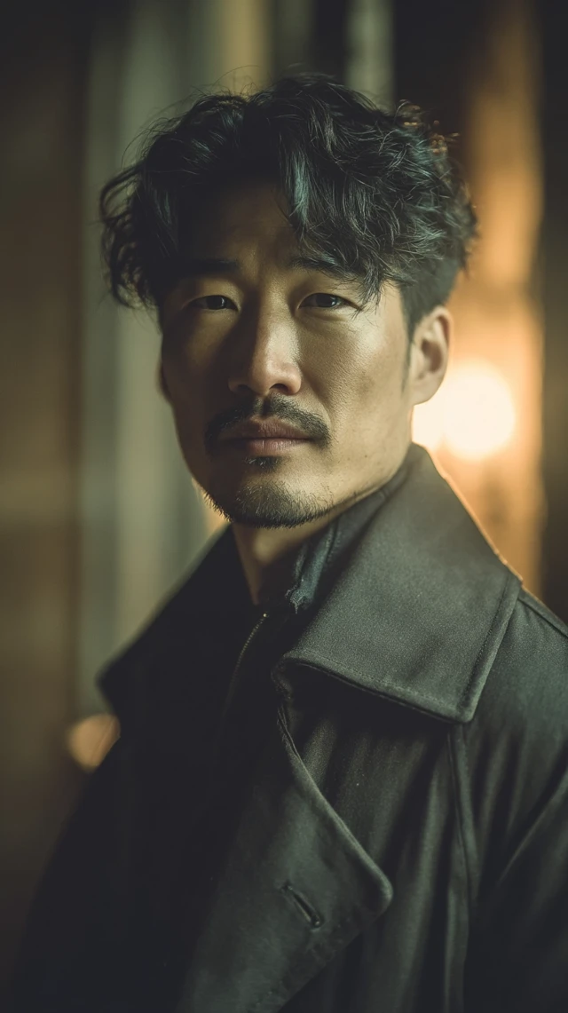 Mature Asian Man in Trench Coat Cinematic Portrait