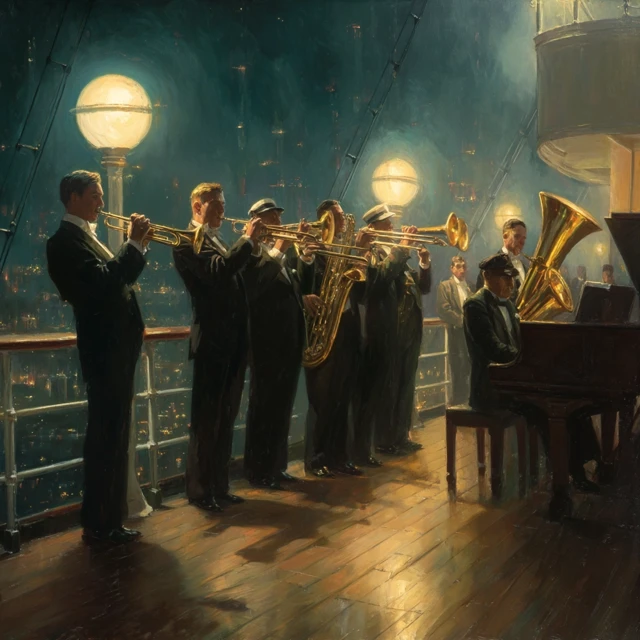 Titanic Orchestra: Musicians on Deck at Night