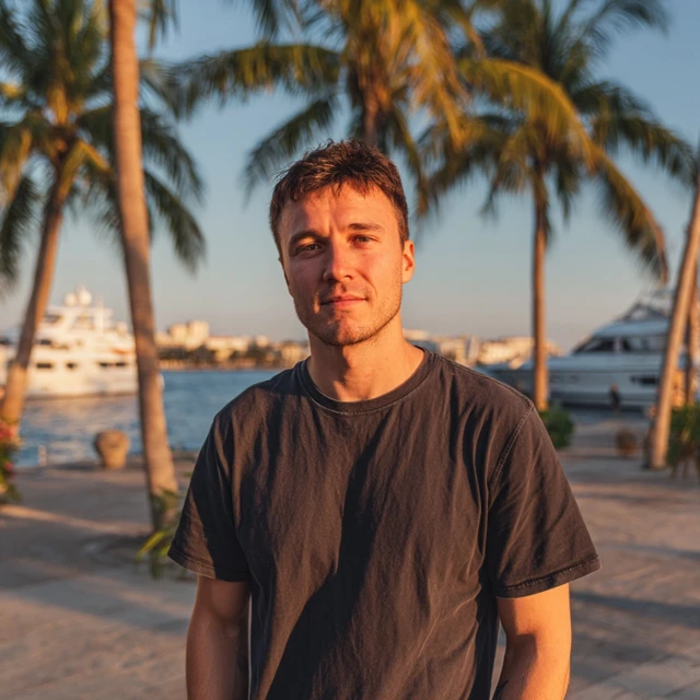 Man on the Beach Portrait with Palm Trees and Yacht