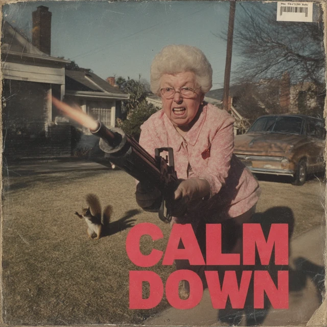 Calm Down Album Cover: Grandma with Flamethrower
