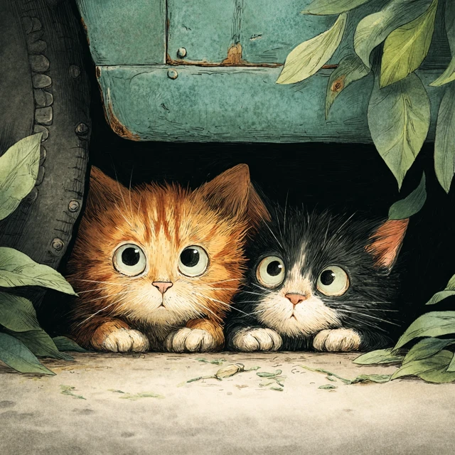 Two Cute Kitten Illustration Hand Painted Style