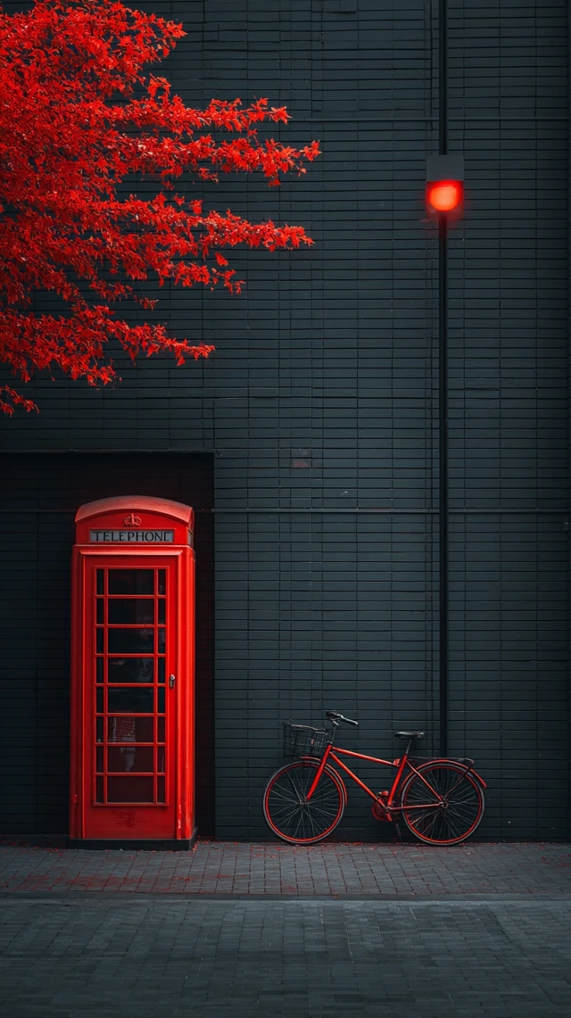 Red Telephone Booth and Bicycle Urban Scene