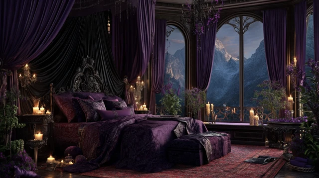 Fantasy Bedroom Purple Velvet Bed Night View