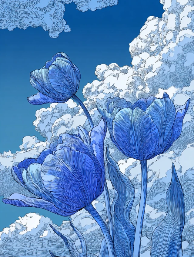 Anime Blue Tulips and Cloudy Sky