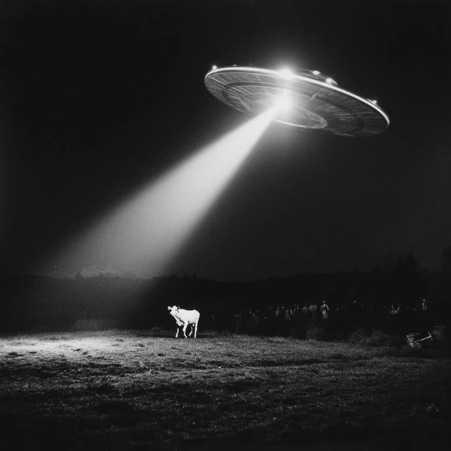 Alien Abduction of a Cow at Night 3D Render