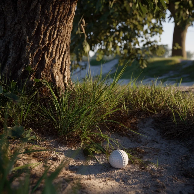 Golf Ball Next to Tree on Golf Course