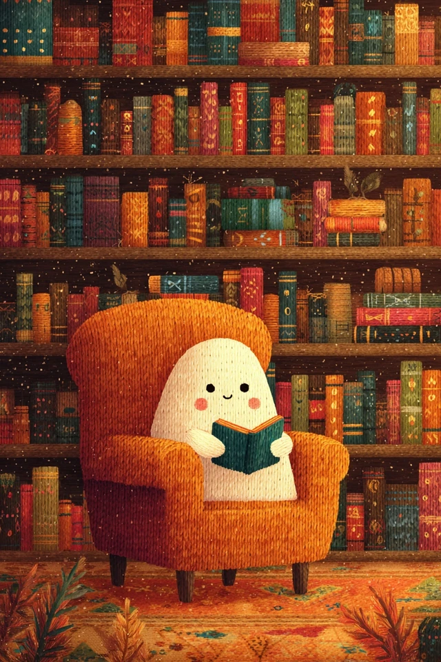 Cozy Halloween Ghost in a Spooky Library Embroidery Art