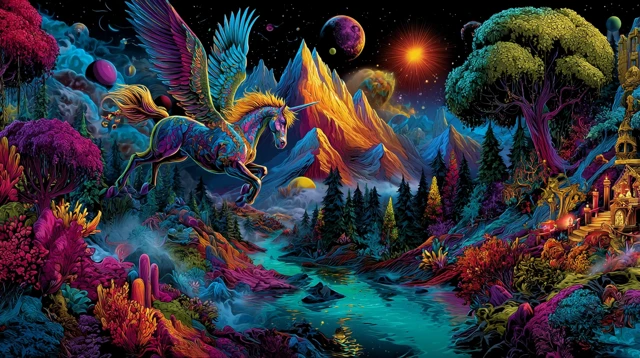 Colorful Pegasus Flying Over Mountain Landscape