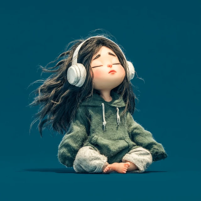 Cute Cartoon Girl with Headphones Listening to Music