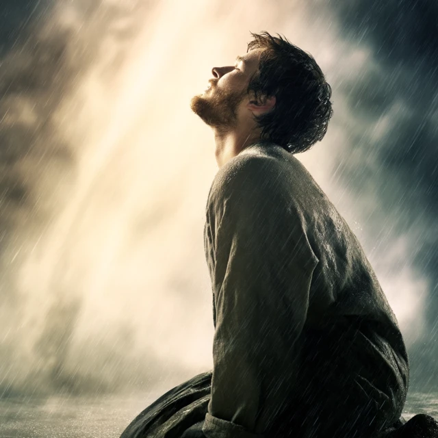 Man in Rain Peaceful Surrender Hope and Light