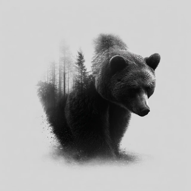 Black Bear Forest Surreal Black and White Art