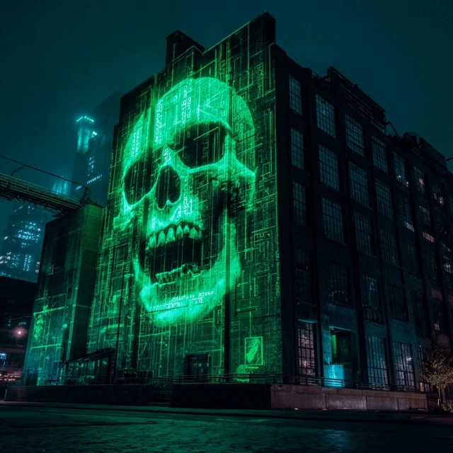 Cyberpunk Building with Green Skull Projection