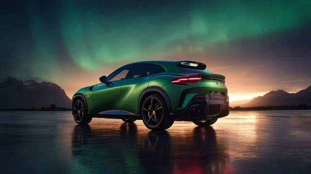 Emerald Ferrari Purosangue SUV Under Aurora Borealis