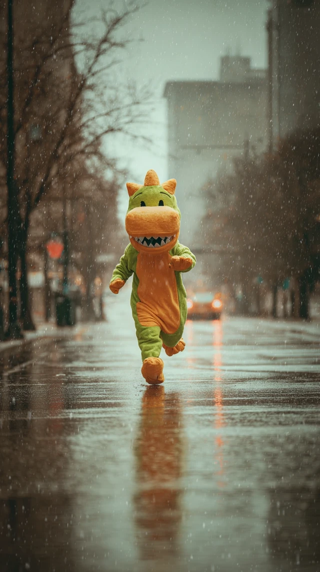 Monster Mascot Runs in the Rain Street Photography