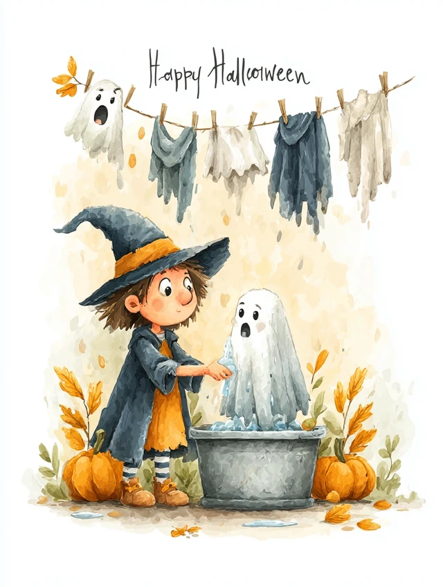 Cute Halloween Witch Washing Ghosts Watercolor