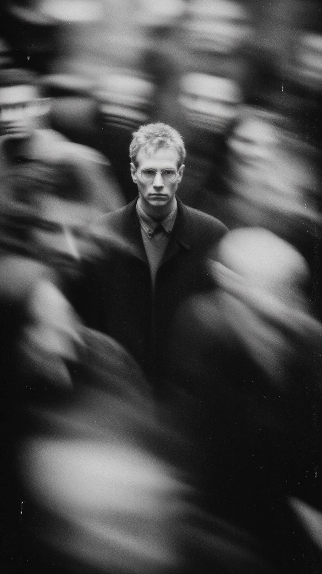 Man in Crowd Black and White Film Photography