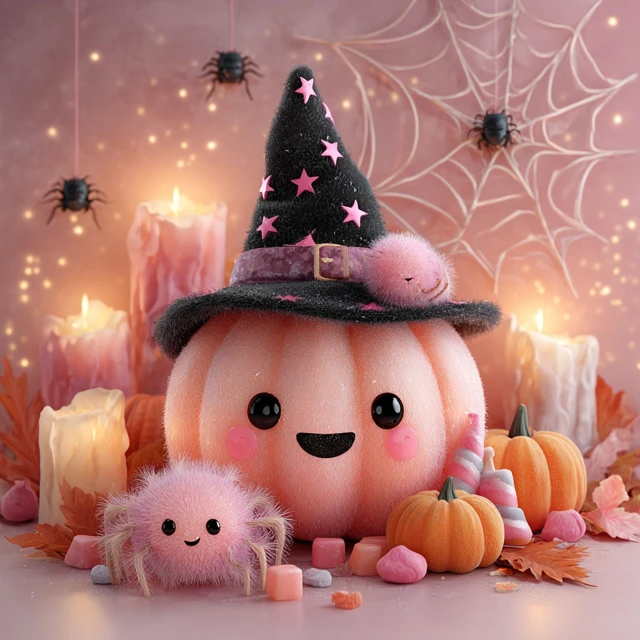Cute Halloween Scene Pink Pumpkin Witch Hat Spider