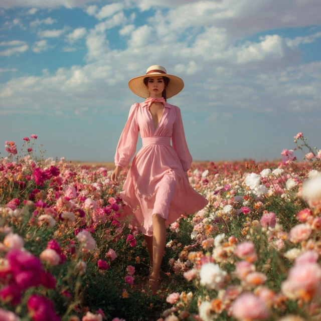 Woman in Pink Dress Walking Through Flower Field