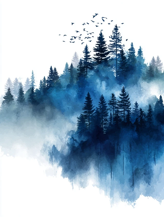Misty Mountain Watercolor Forest Illustration