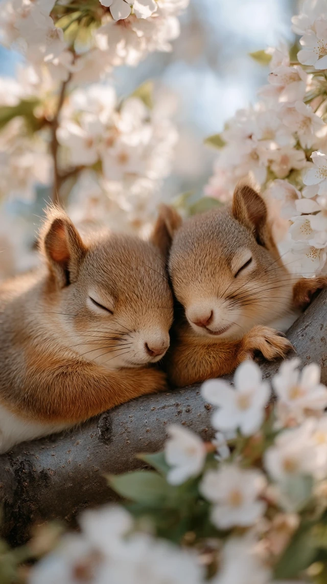 Adorable Squirrels Sleeping in Blossoms