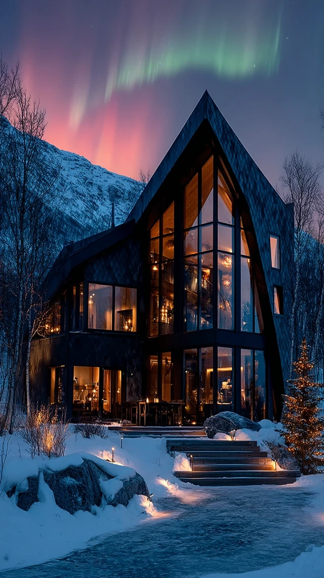 Scandinavian Home at Night with Aurora Borealis