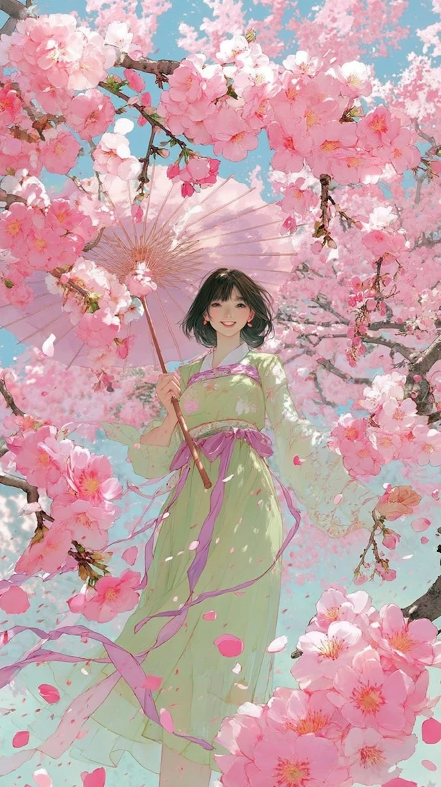 Anime Girl in Hanfu Cherry Blossoms Illustration
