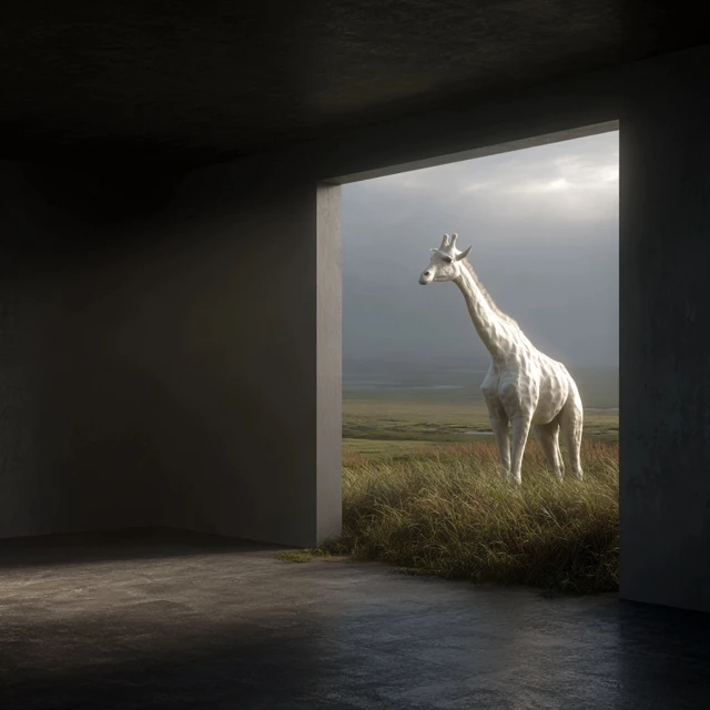 Hyperrealistic White Giraffe at Boundary Between Room and Savannah