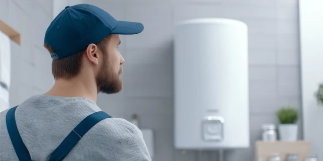 Professional Plumber by Water Heater High Detail Photo