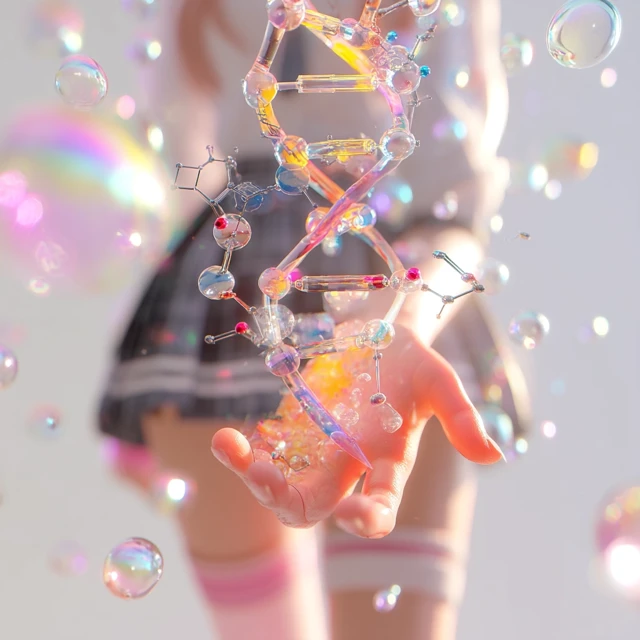 DNA Art: Pastel Girl and Floating Molecule Illustration