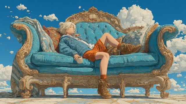 Anime Girl on Sofa Blue Sky Illustration