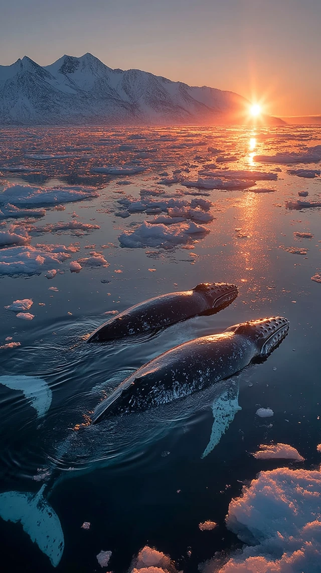 Orcas in Antarctic Waters at Sunrise