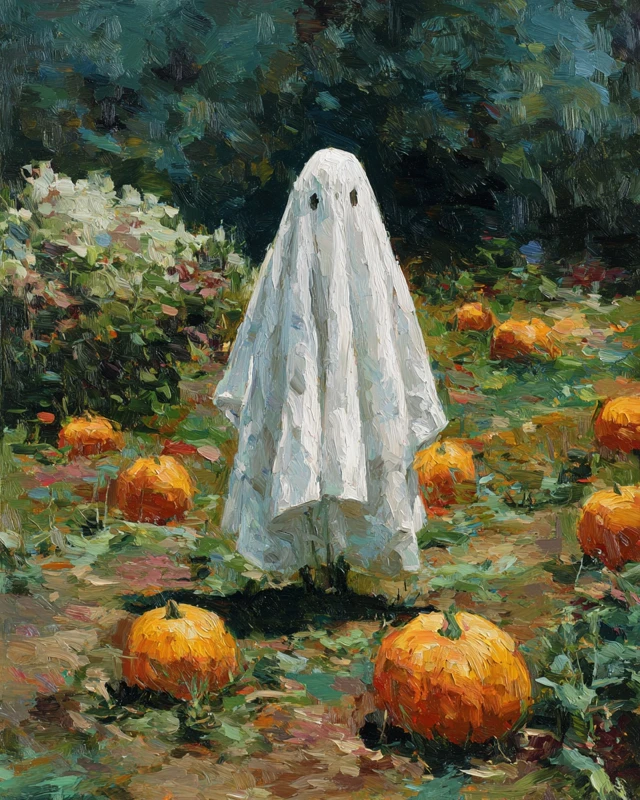 Vintage Ghost in a Pumpkin Patch Oil Painting