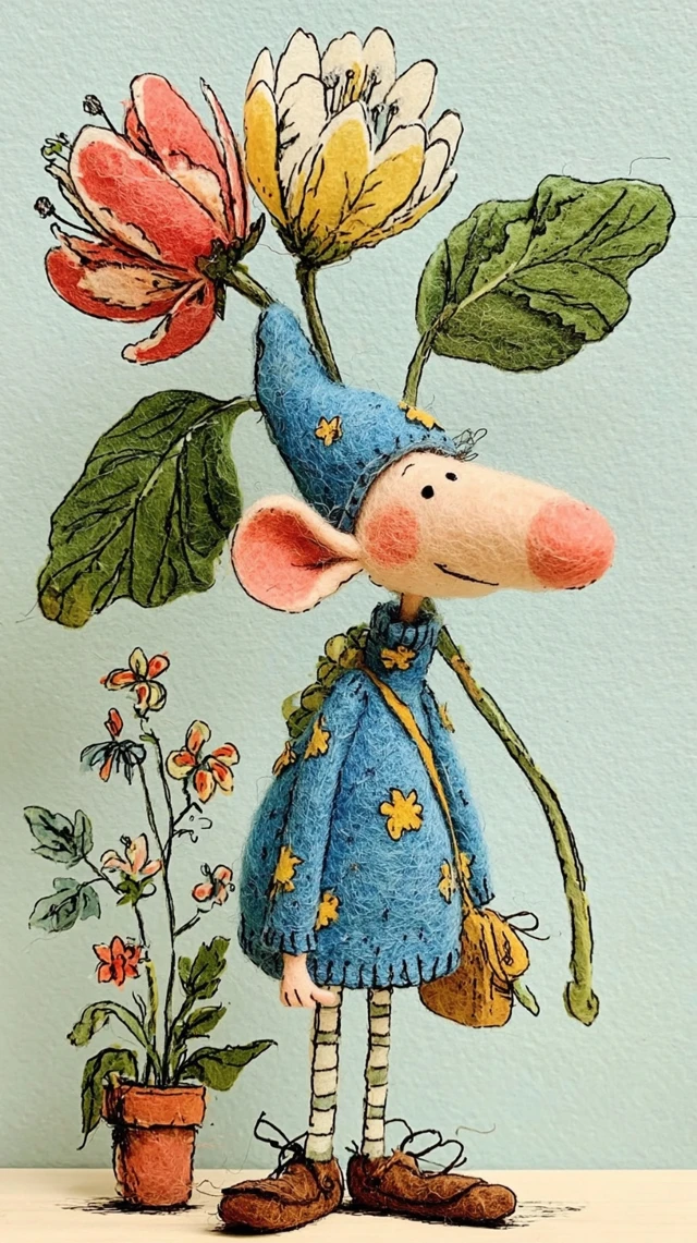 Cute Felted Elf in a Floral Forest