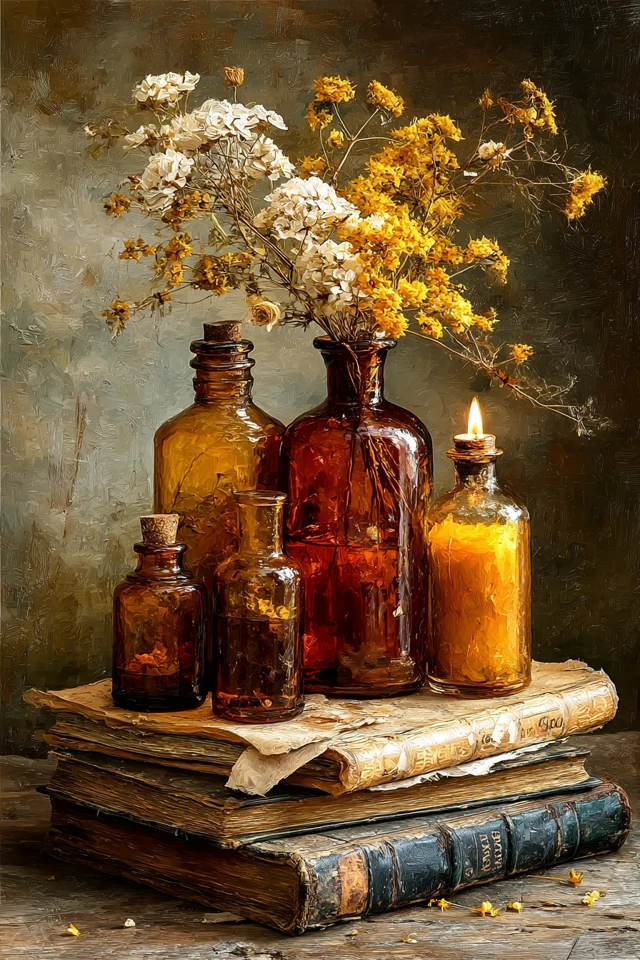 Vintage Still Life Oil Painting Amber Glass Bottles