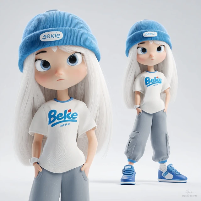 Cute 3D Girl in White Hair and Blue Outfit