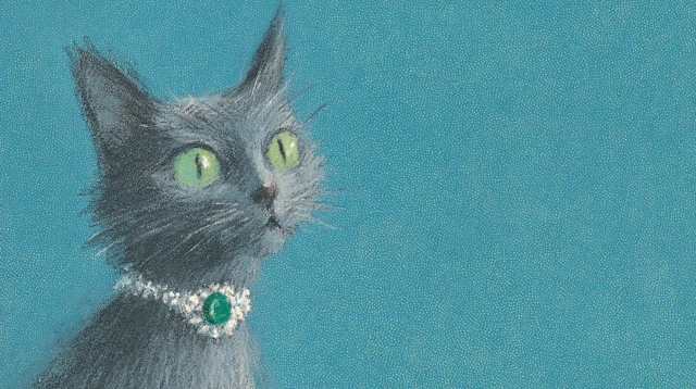 Glamorous Gray Cat with Emerald Eyes Vintage Illustration