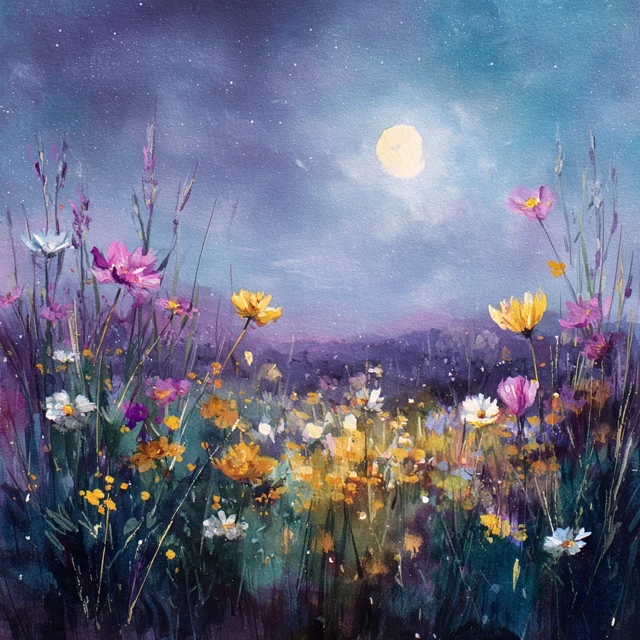Moonlit Wildflower Field Watercolor Painting