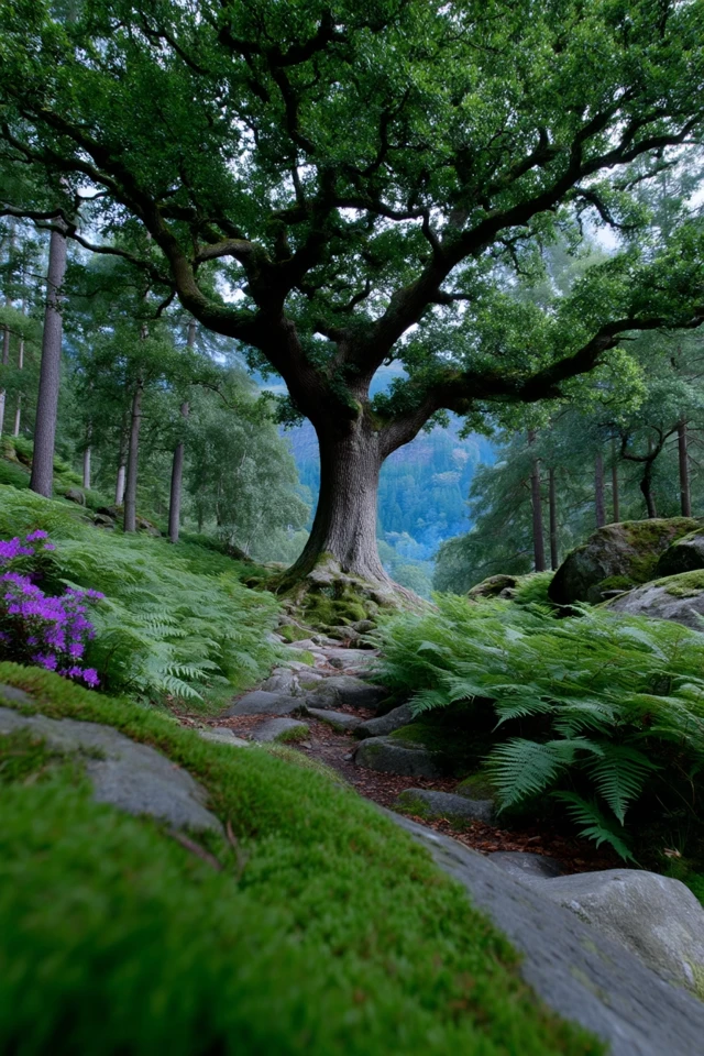 Ancient Oak Tree in Mystical Forest Landscape