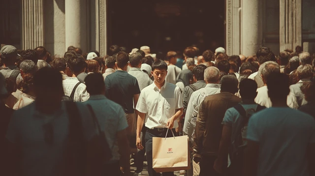 Asian Man in Crowd Carrying Gift Sunny Day